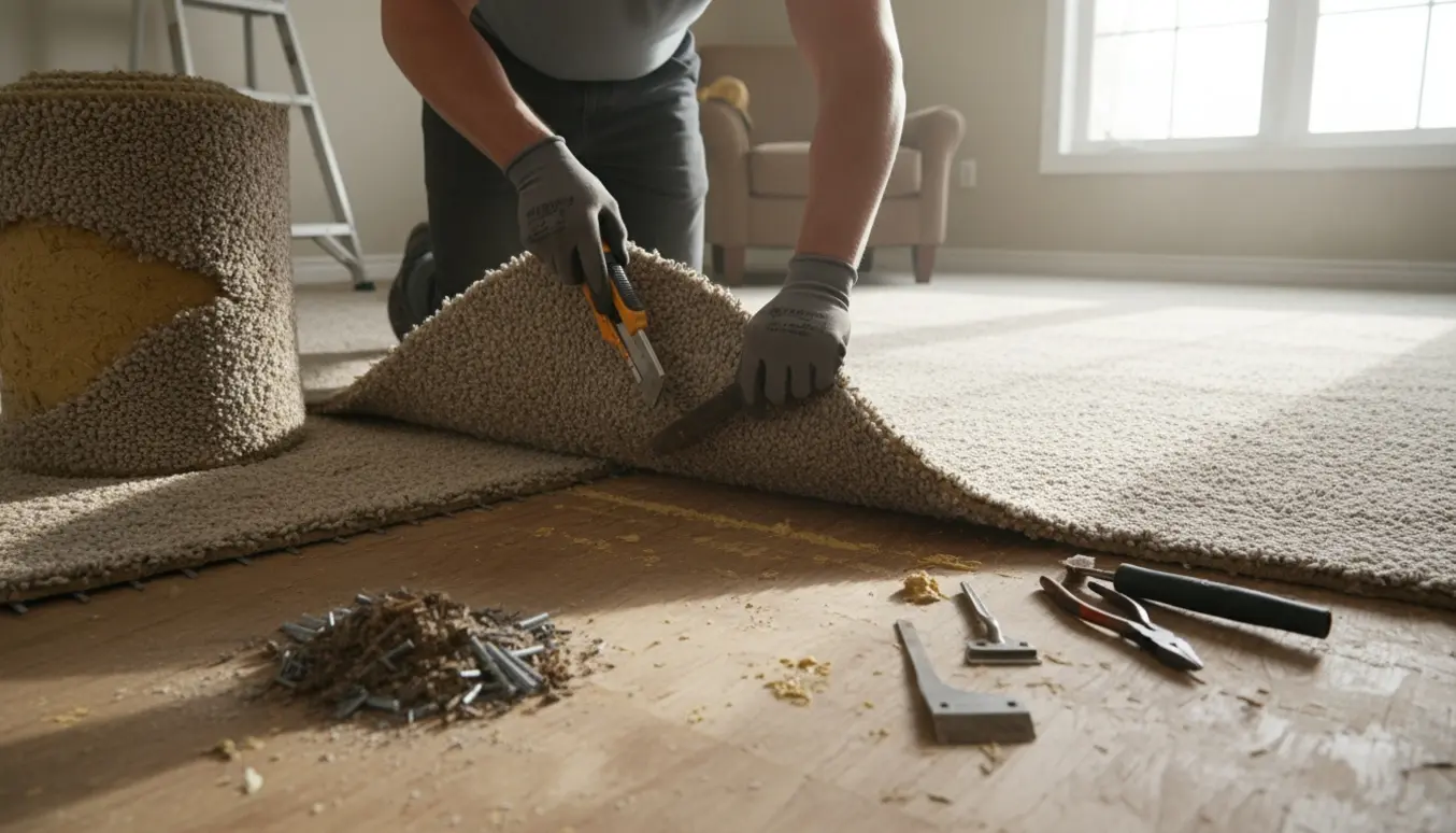 Partielt fjernet gulvtæppe i et lyst rum med ruller af tæppe, underlag og værktøj.