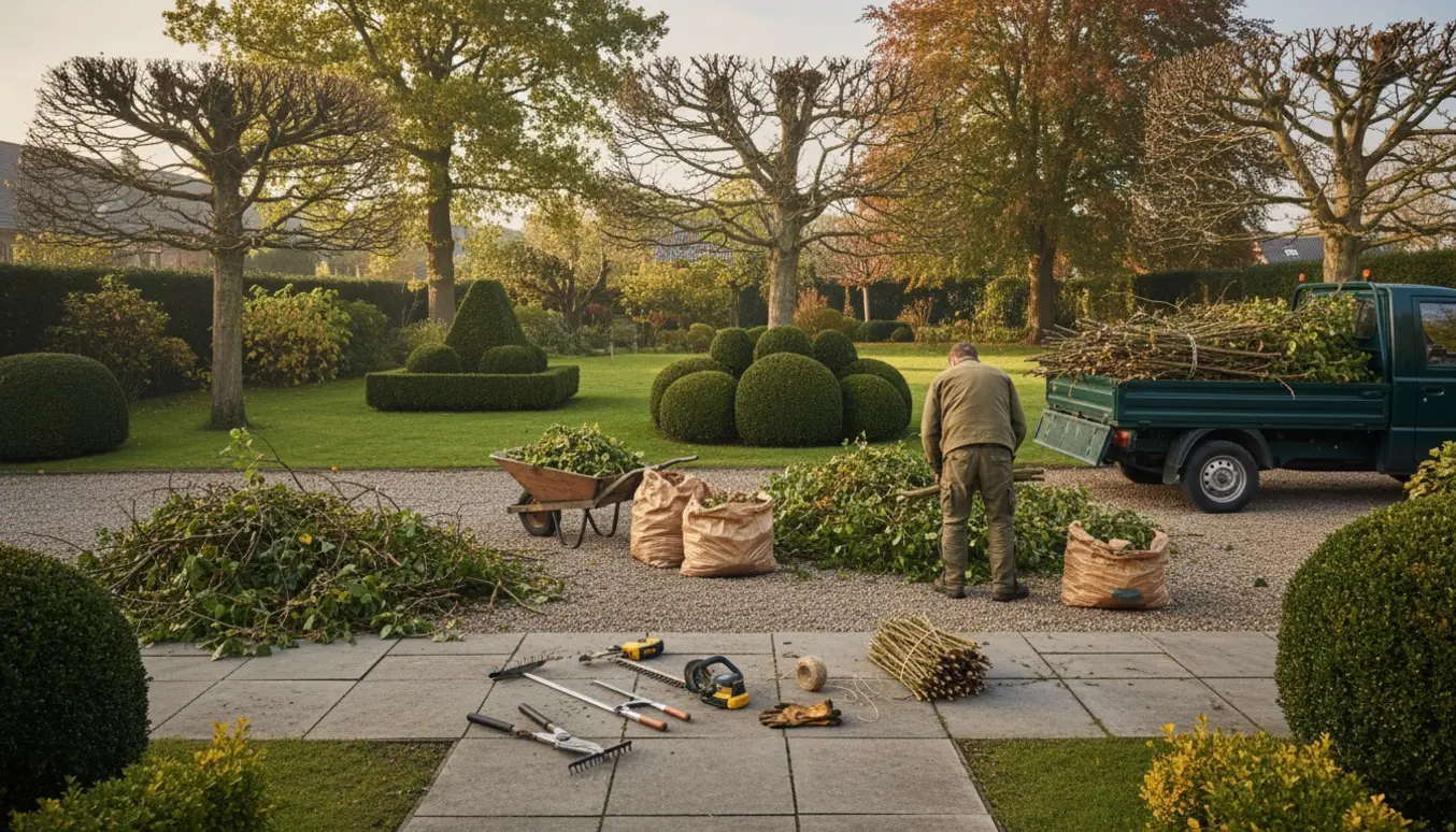 Beskåret ældre have i Holte med træer og buske, værktøj og læsset pickup klar til bortkørsel af haveaffald.