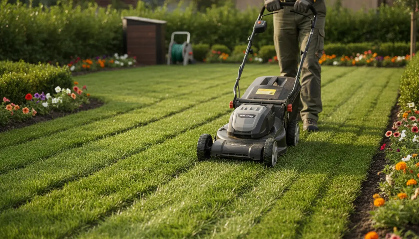 Nyklippet nyanlagt græsplæne i en privat have med en person, der skubber en batteridrevet biogræsslåmaskine, ansigtet uden for billedet.