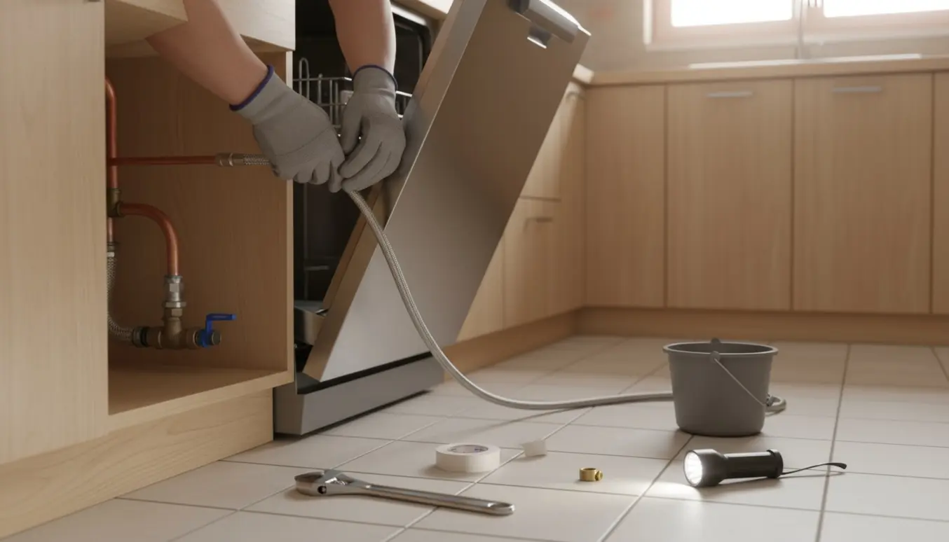 Hænder tilslutter en flettet forlængelsesslange til en opvaskemaskines vandtilførsel under et køkkenskab.