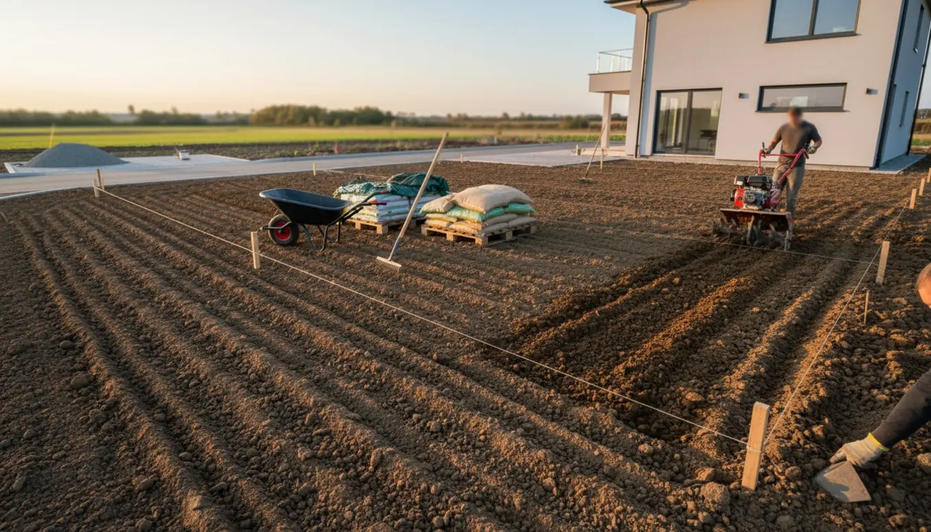 Hjørnegrund ved nybygget hus, hvor jord bearbejdes til ny have med gravemaskine og haveredskaber.