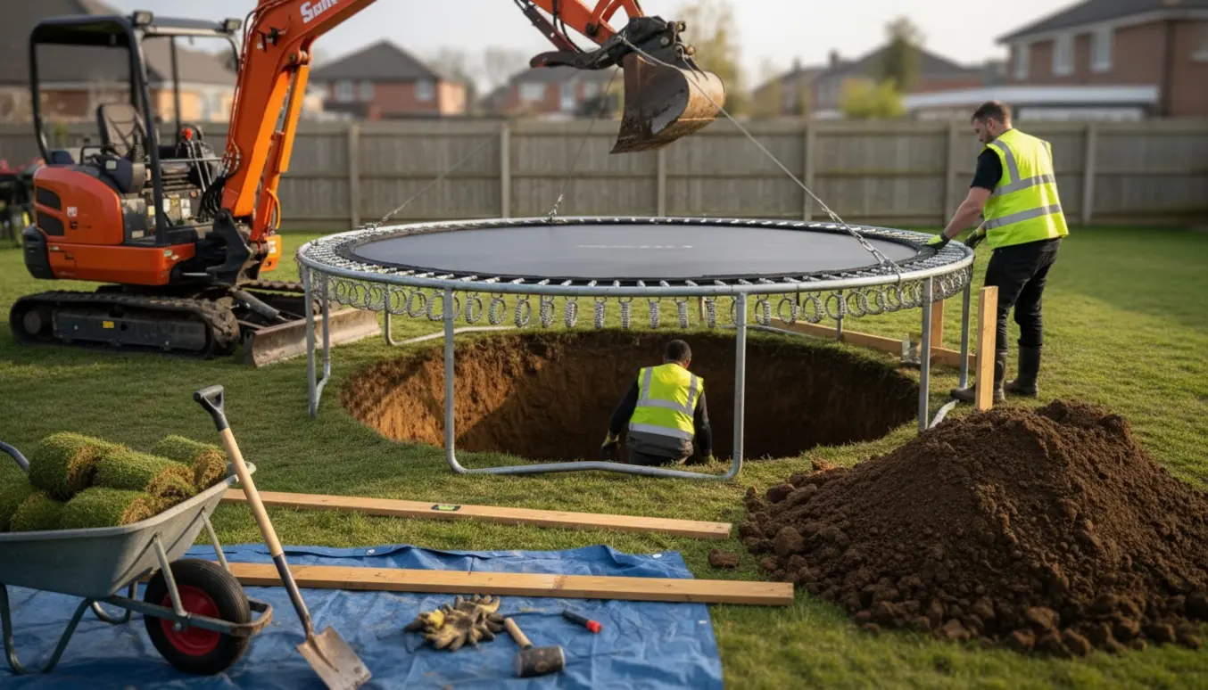 En rund trampolin sænkes ned i et nysgjærdet hul i en villahave med værktøj og jordbunker omkring.