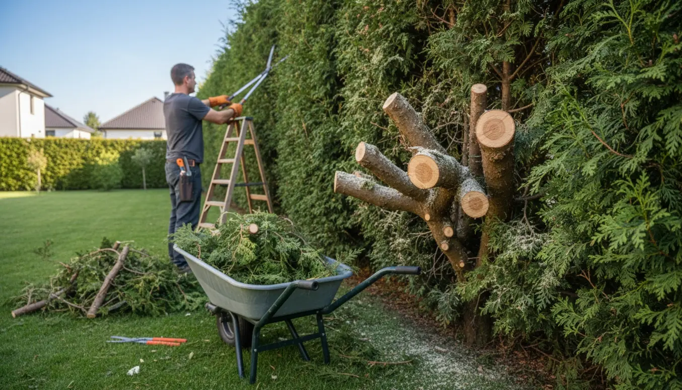 En havemand beskærer en overgroet thuja med grensakse og sav, store afskårne grene i en trillebør.