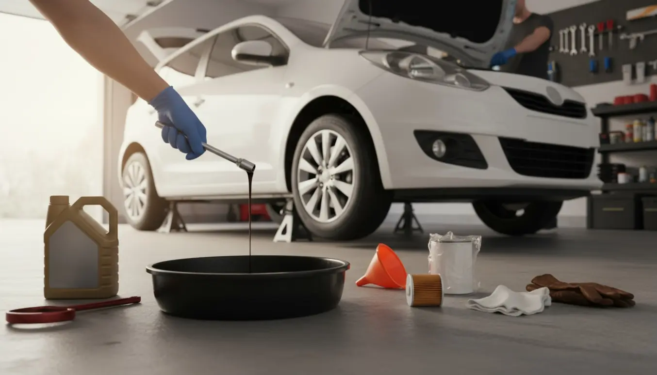 Nærbillede af olieskift på en lille hatchback med drænpande, nyt oliefilter og værktøj.