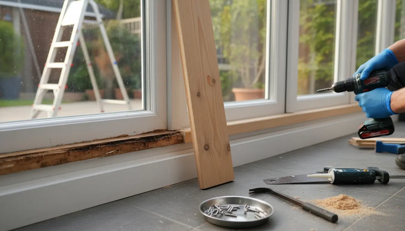 Nærbillede af udskiftning af delvist råddent træbræt på udestuen med værktøj og arbejdshænder.