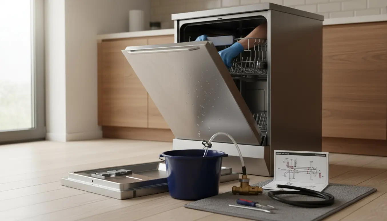 Tekniker arbejder med åben opvaskemaskine i køkkenet med værktøj og udskiftede dele.