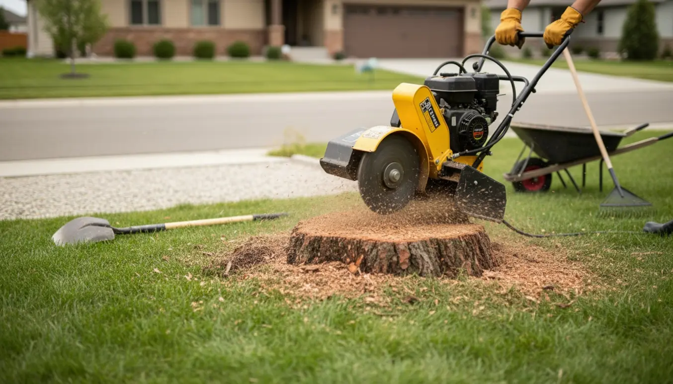 Nærbillede af en mellemsstor træstub ved indkørsel, hvor en fræser graver 10 cm ned, omgivet af træflis og blød jord.