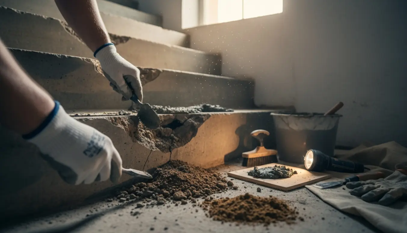 Hænder i handsker reparerer en revnet kældertrappe med mørtel og værktøj, mens jord falder ud af huller.
