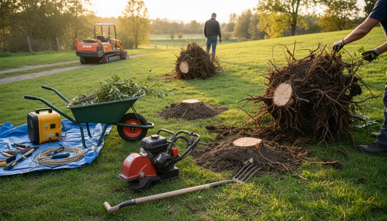 Tre buske på en lille skråning med en stubfræser, skovl og blottede rødder klar til fjernelse.