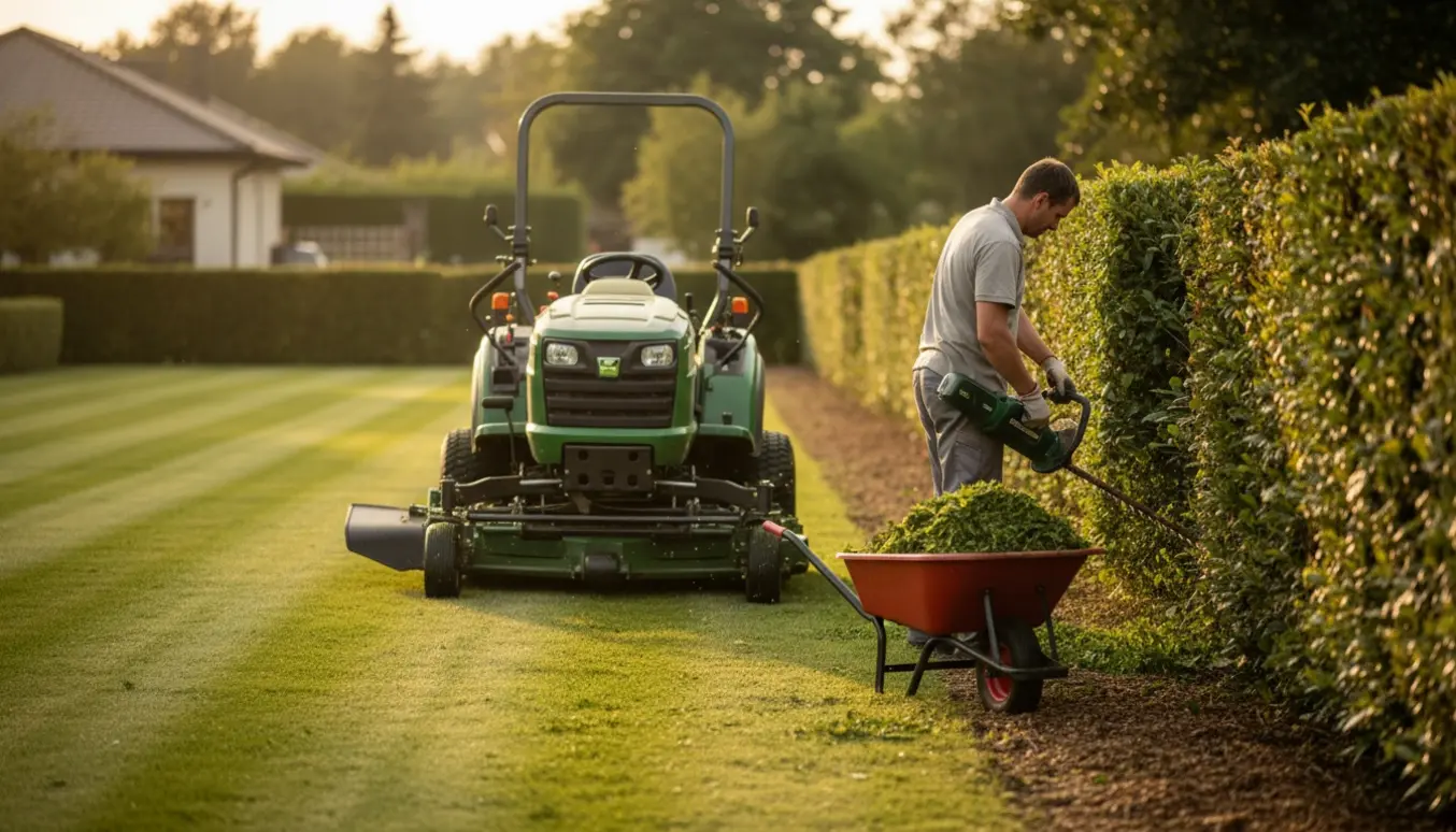 Ride-on plæneklipper skaber stribede græs foran en nytrimmet to meter høj hæk.