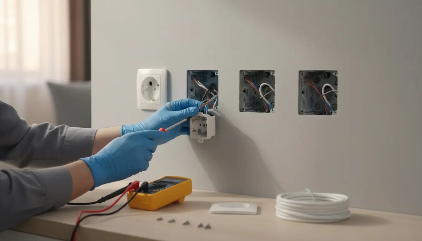 Nærbillede af elektrikerhænder, der udbedrer tre stikkontakter i en væg med værktøj og måleinstrumenter.