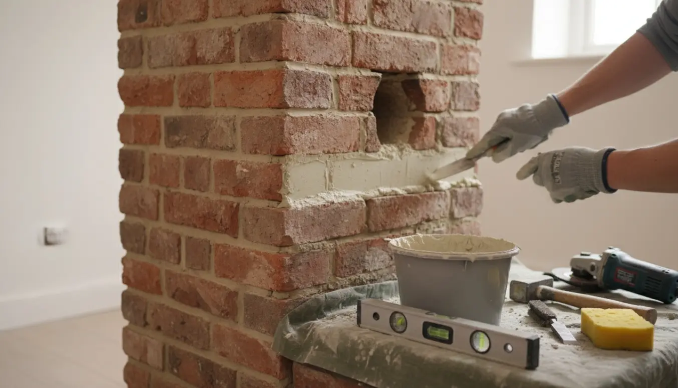 Indvendig muret skorsten under pudsning med hænder, spartel og bøtte med ufarvet hydraulisk kalkmørtel.