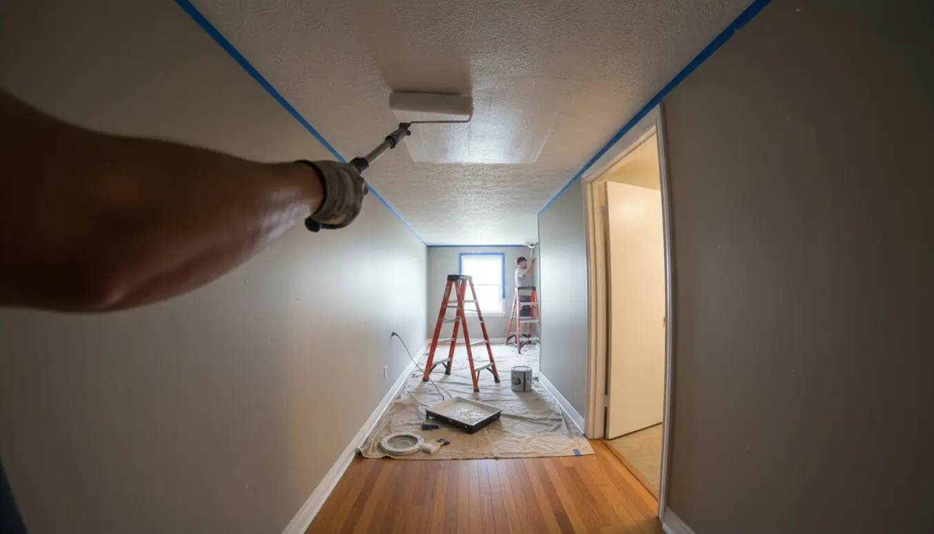 Nærbillede af en rulle og stige mens loftet males i en smal gang med et lille badeværelse i baggrunden.