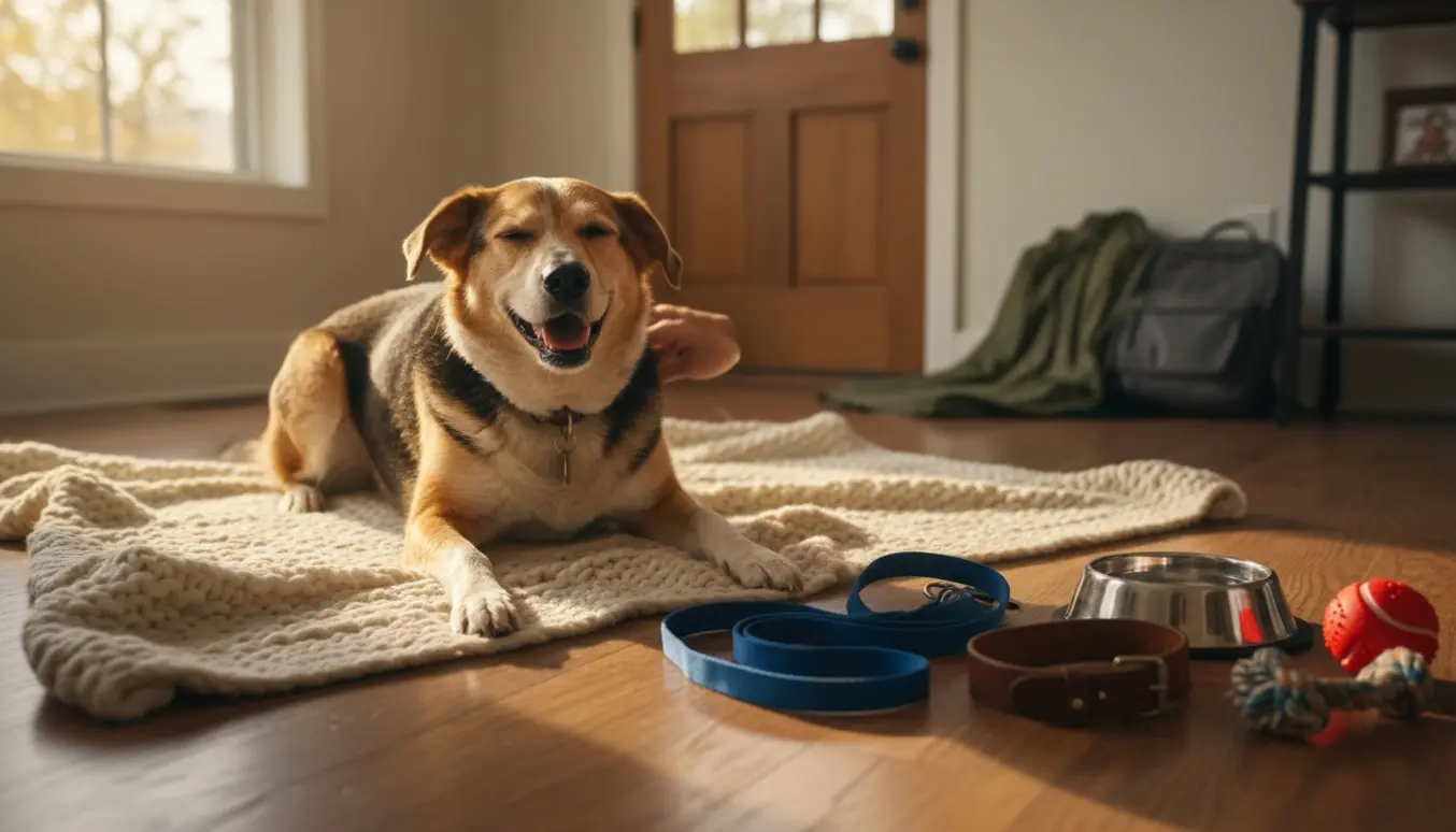 En glad, rolig hanhund slapper af på et tæppe i et hyggeligt hjem mens en person kæler ham og snor, skål og legetøj ligger klar.