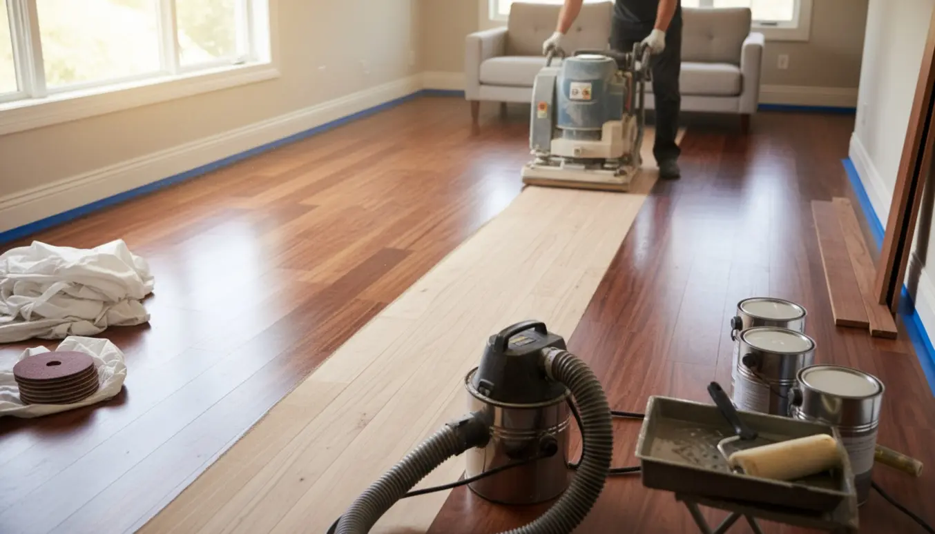 Slibning og lakering af merbau trægulv i en stue med maskine, lakdåser og værktøj i dagslys.