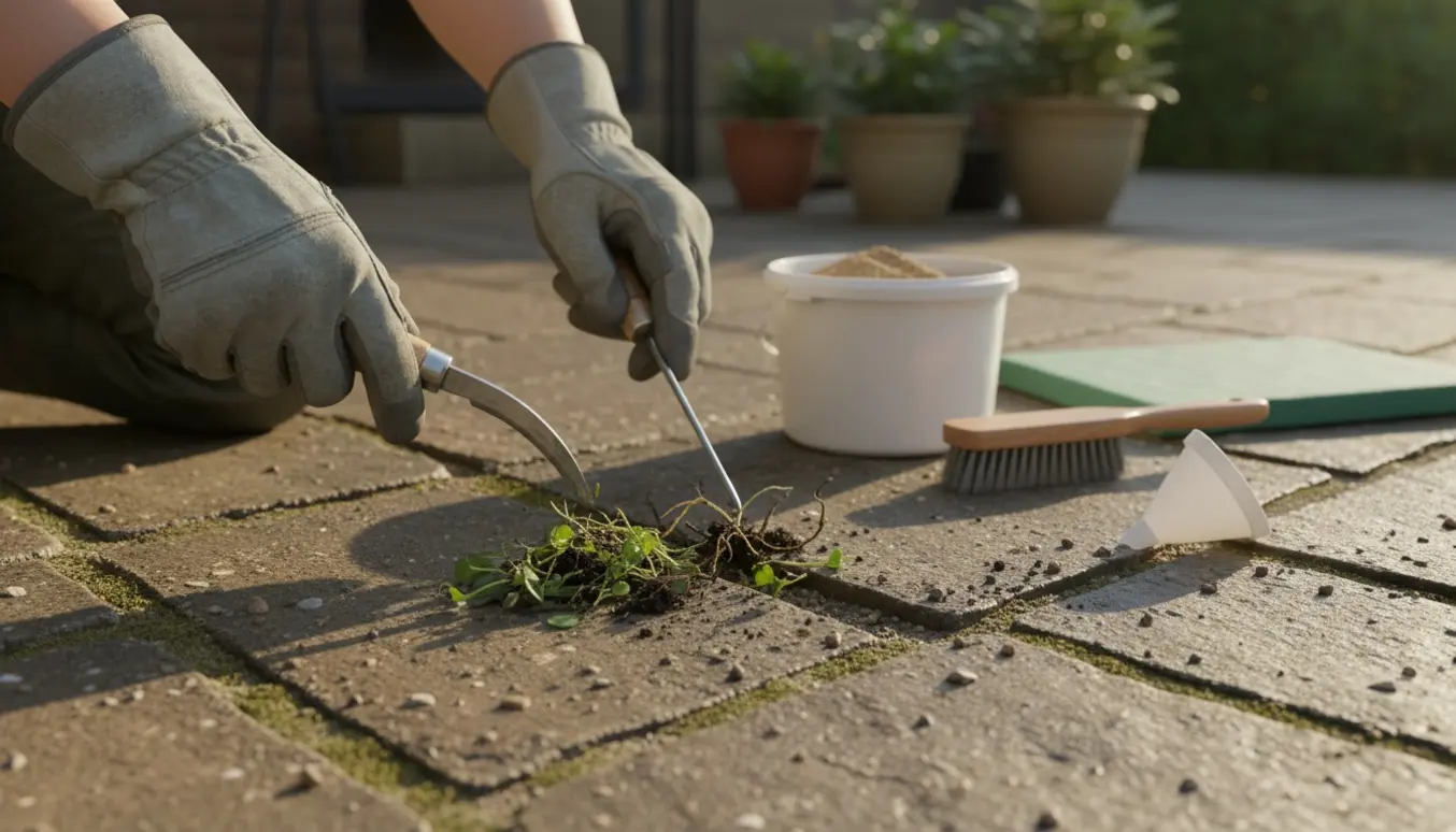 Hænder med handsker fjerner ukrudt mellem fliser med små redskaber på en sollys terrasse.