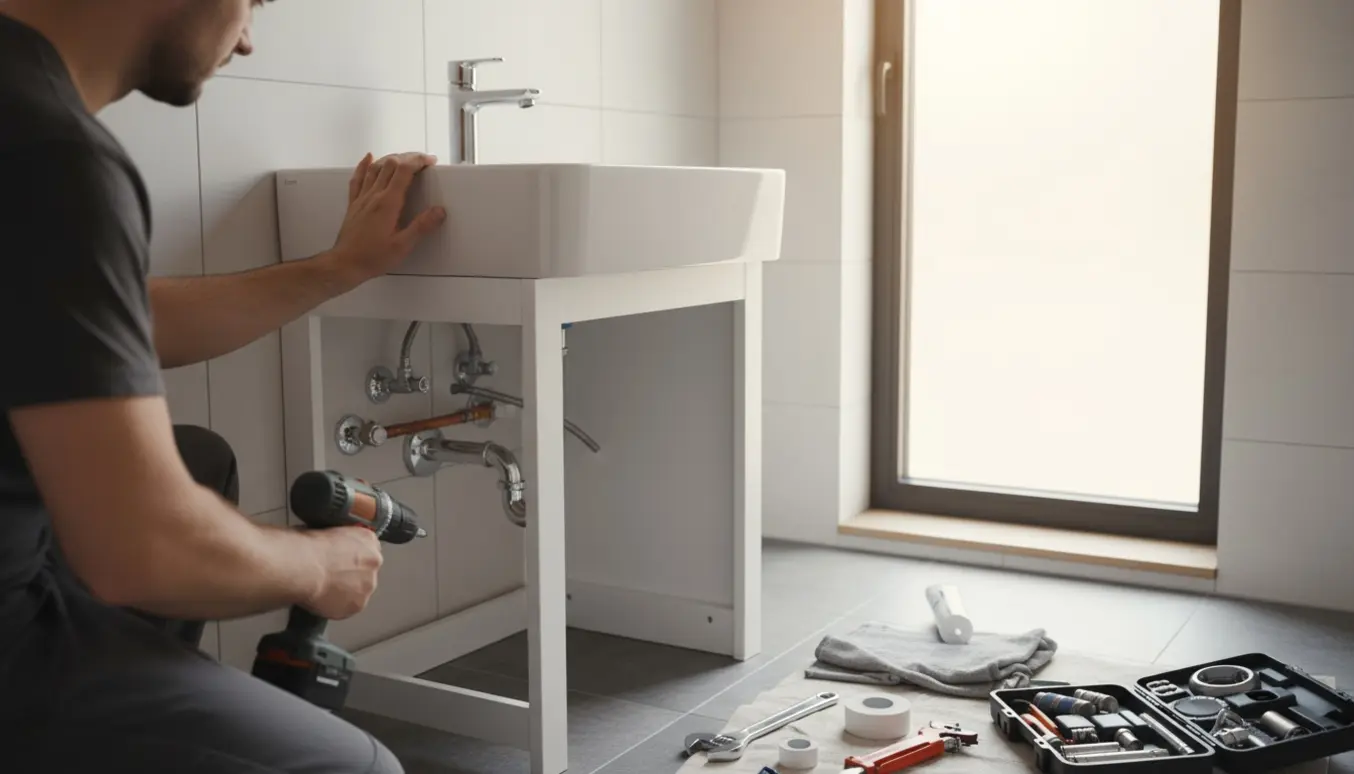 Nyt badeværelsesskab og vask monteres, hænder bruger en boremaskine ved synlige vandtilslutninger.