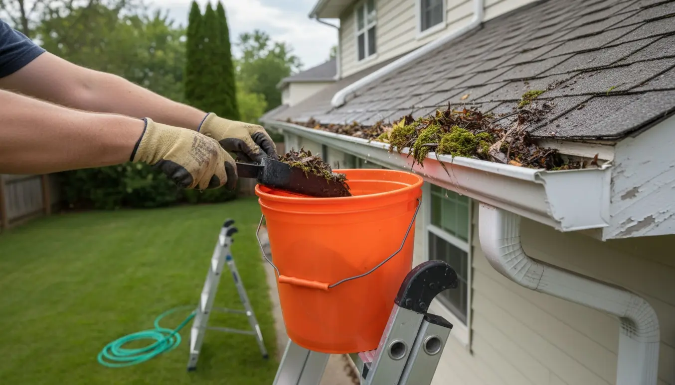 Nærbillede af handsker, der skraber blade og mos ud af en tagrende fra en stige ved et hus.