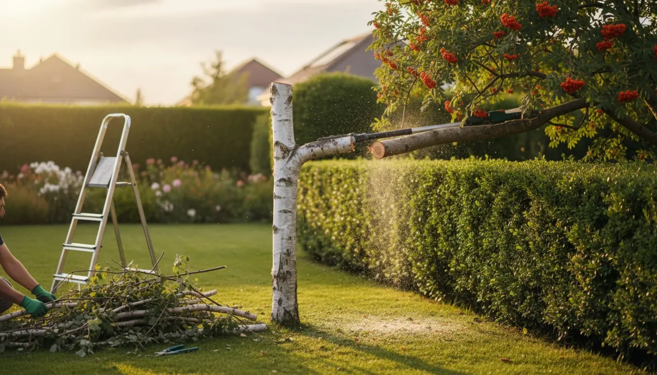 En birk beskæres til ca. tre meter, mens en røngren skæres væk over en nabohæk i en solvarm have.