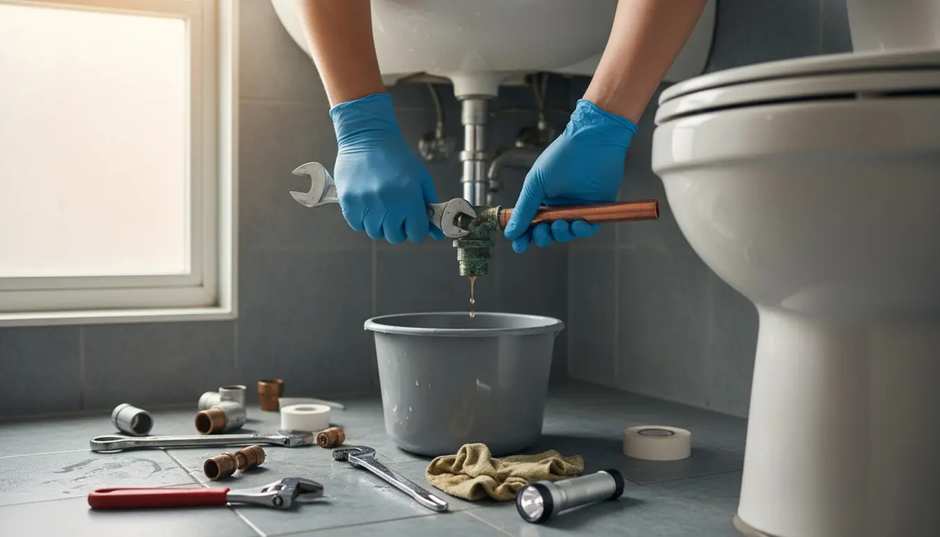 Nærbillede af hænder, der udskifter et korroderet rør under et håndvask ved toilettet med skiftenøgle og spand.