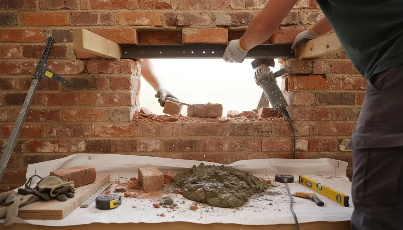 Udvidelse af et vindueshul i en rød murstensvæg med værktøj, stålbjælke og murbrokker.