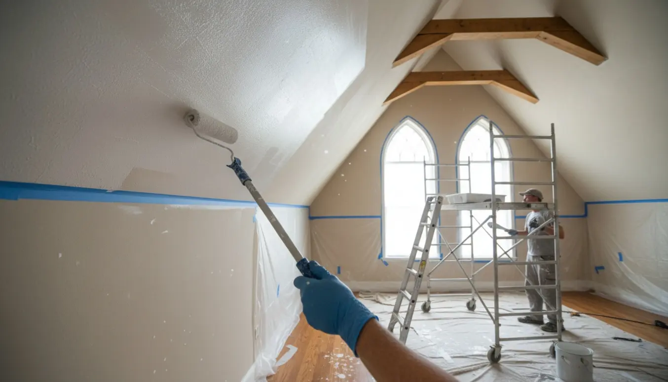 Maler på stillads maler et højt loft til kip med forlængerstang i et lyst rum.