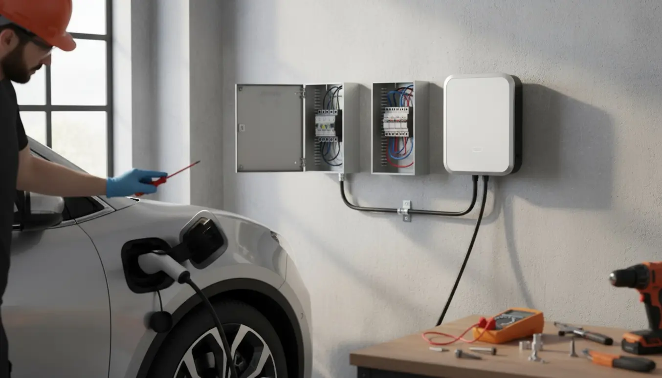 En elektriker monterer en ladestander ved en ekstra el-tavle ved garagen med værktøj og korte kabeltilslutninger.