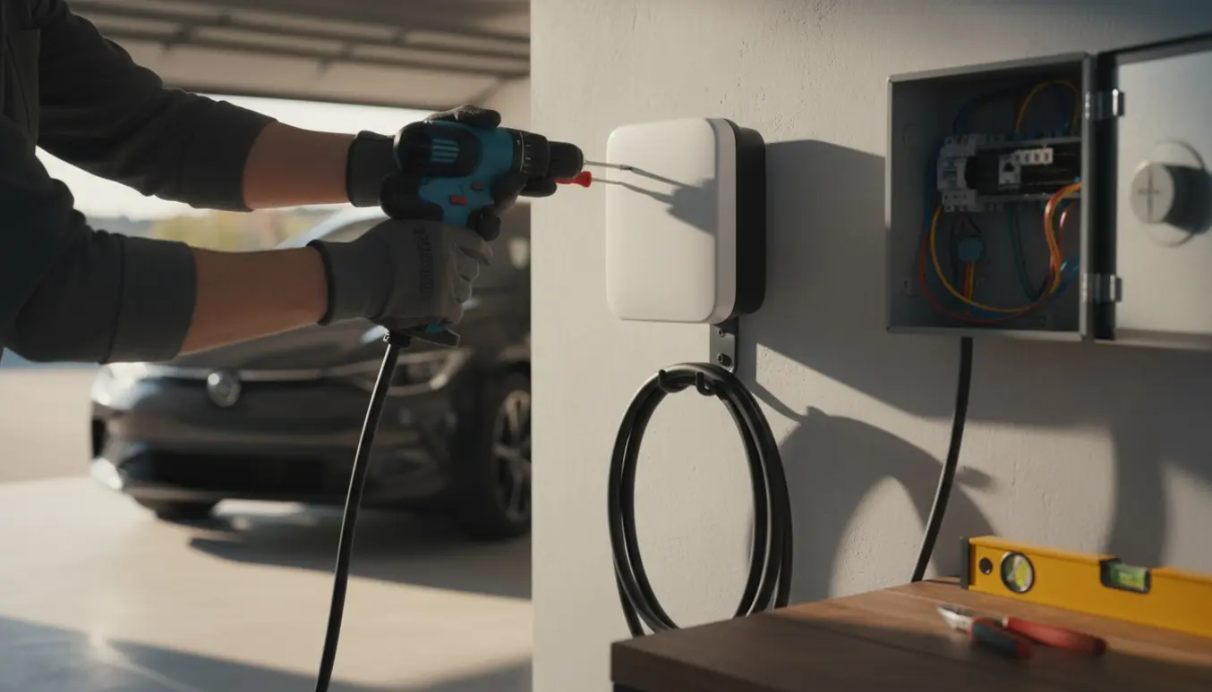 Gloved hænder monterer en vægmonteret el-lader i en garage ved siden af en elbil.