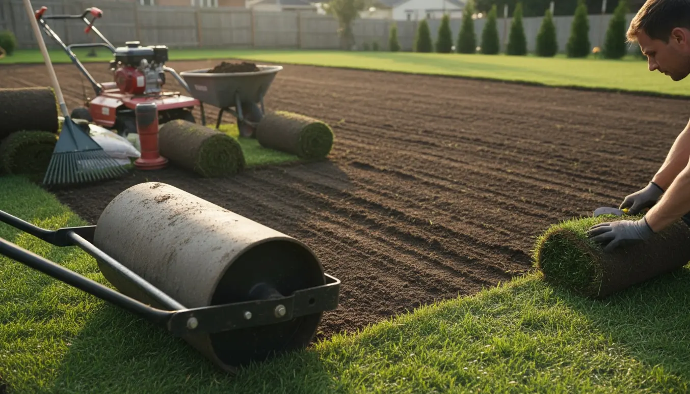Lægning af rullegræs i en forberedt baghave med tromle og haveredskaber.