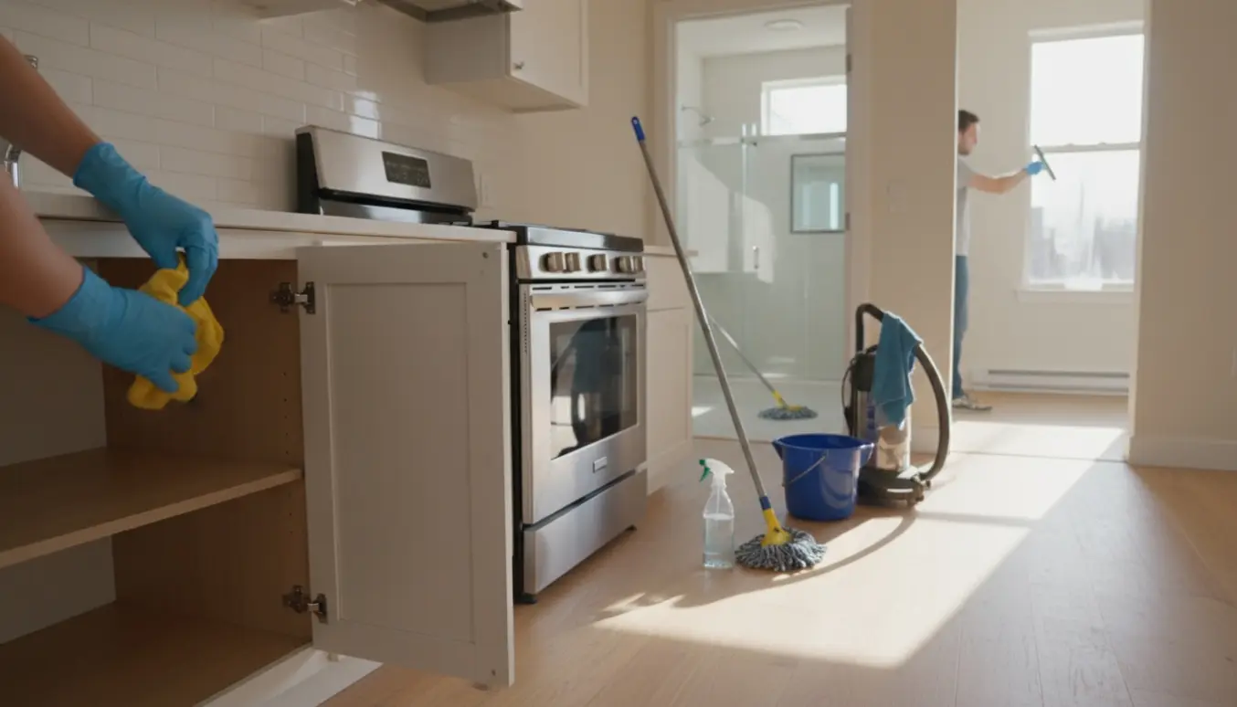 Rengøring i en nyistandsat, tom lejlighed med handsker, klud, støvsuger og moppe i køkken og badeværelse.