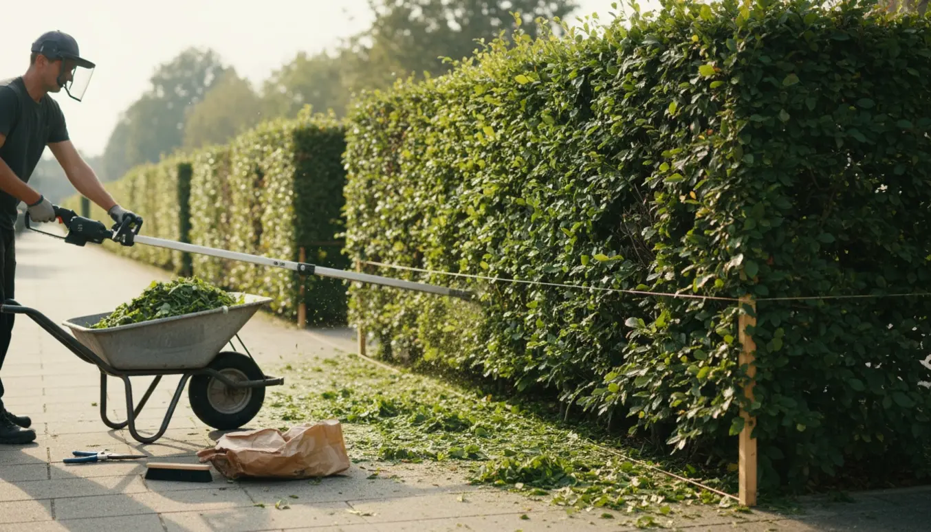 Hænder beskærer en bøgehæk langs fortovet med en teleskoptrimmer og trillebør med afklip.