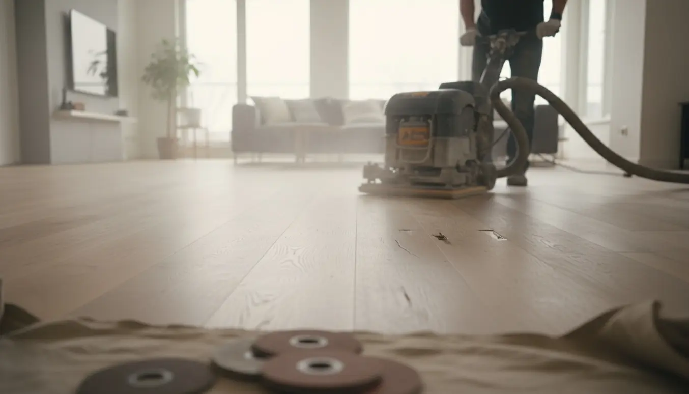 Slibning af trægulv i et lyst rum med en gulvsliber, der viser en tydelig før-og-efter-overflade.