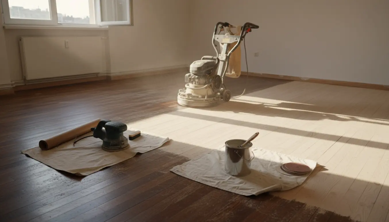 Uindrettet lejlighed med delvist slebet trægulv, gulvsliber og åben beholder med klar lak ved vinduet.