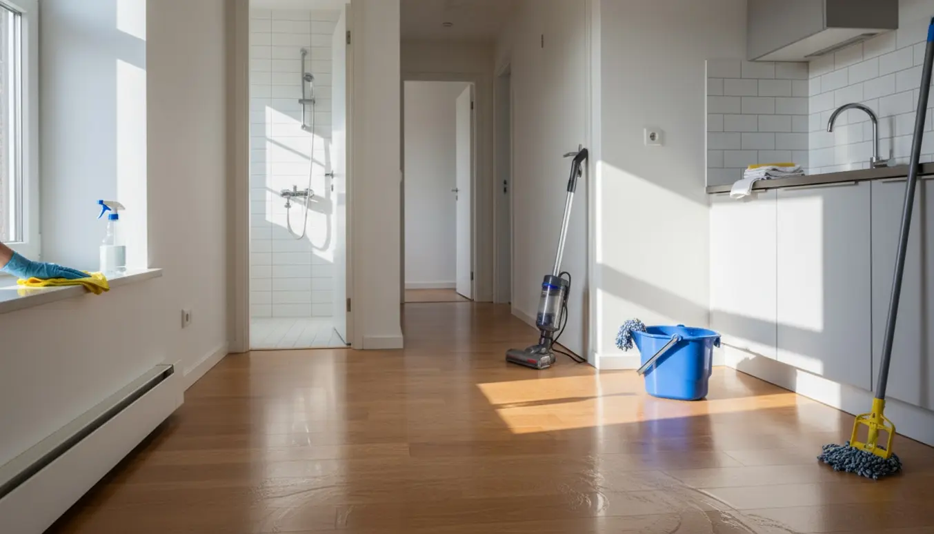 Tom treværelses lejlighed under flytterengøring med moppe, spand og handsker i naturligt lys.