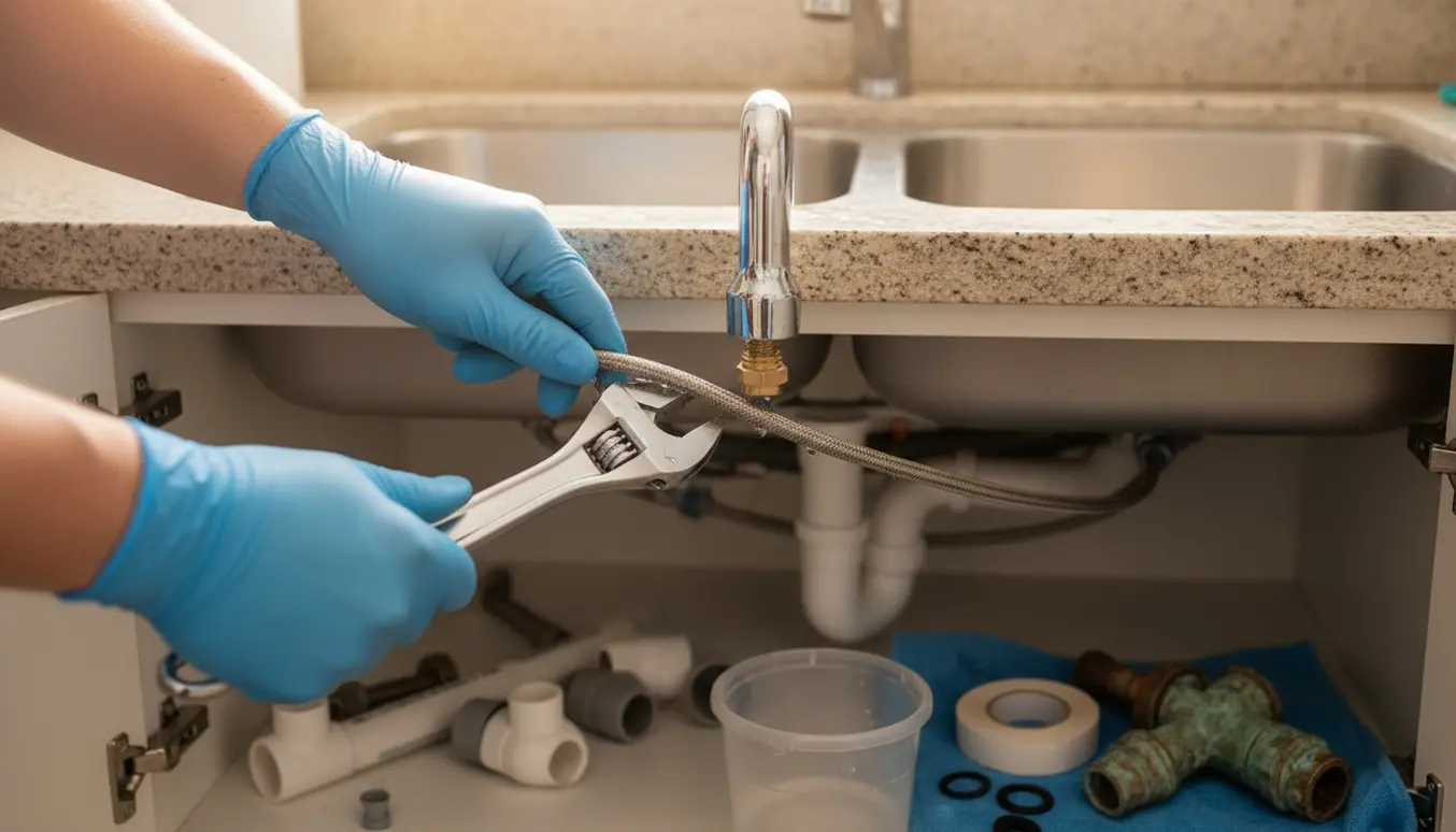 Glæder skifter en ny krom vandhane ved vasken med værktøj og tilslutninger synlige.