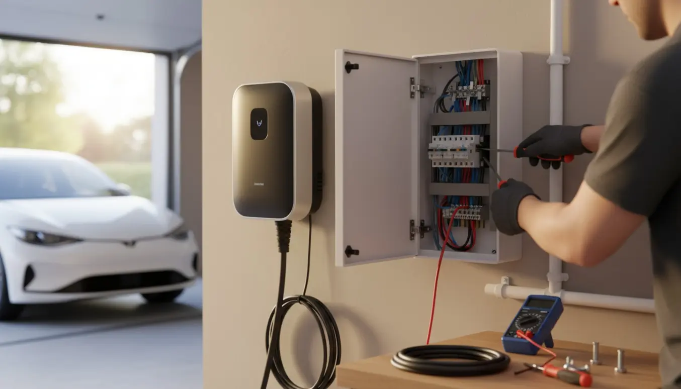 Montør tilslutter en vægmonteret elbiloplader til husets åbne afbryderboks, kun hænder og værktøj synlige.