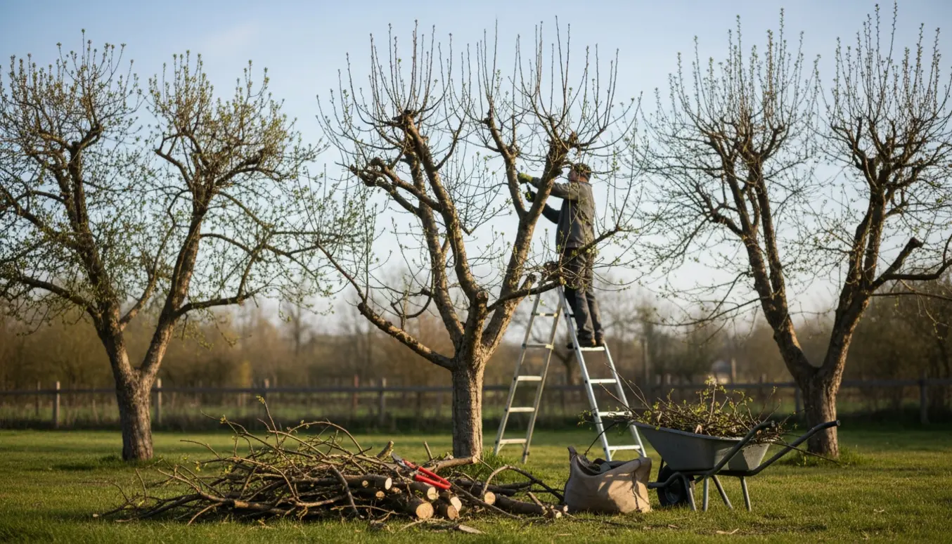 En person på en stige beskærer et middelstort frugttræ med en bunke afklippede grene og beskæringsværktøj i forgrunden.