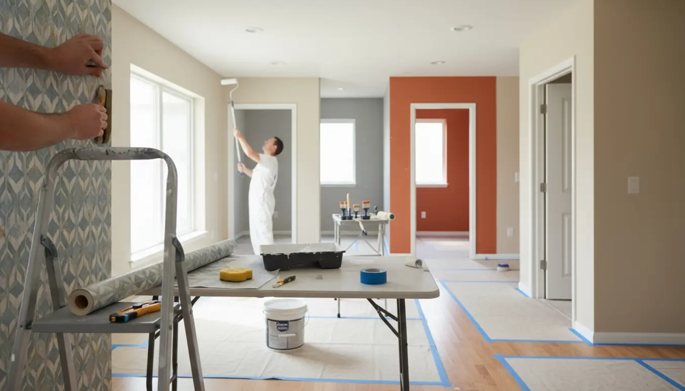Åbent køkkenalrum og gang, hvor tapet opsættes og lofter males med malerudstyr i forgrunden.