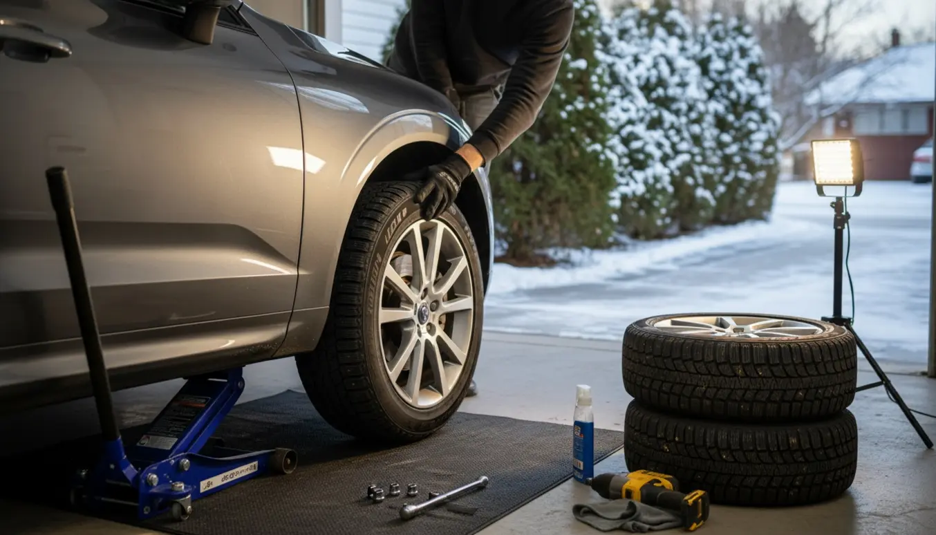 Montering af vinterdæk på en Volvo XC60 med dækstak og værktøj i indkørslen.