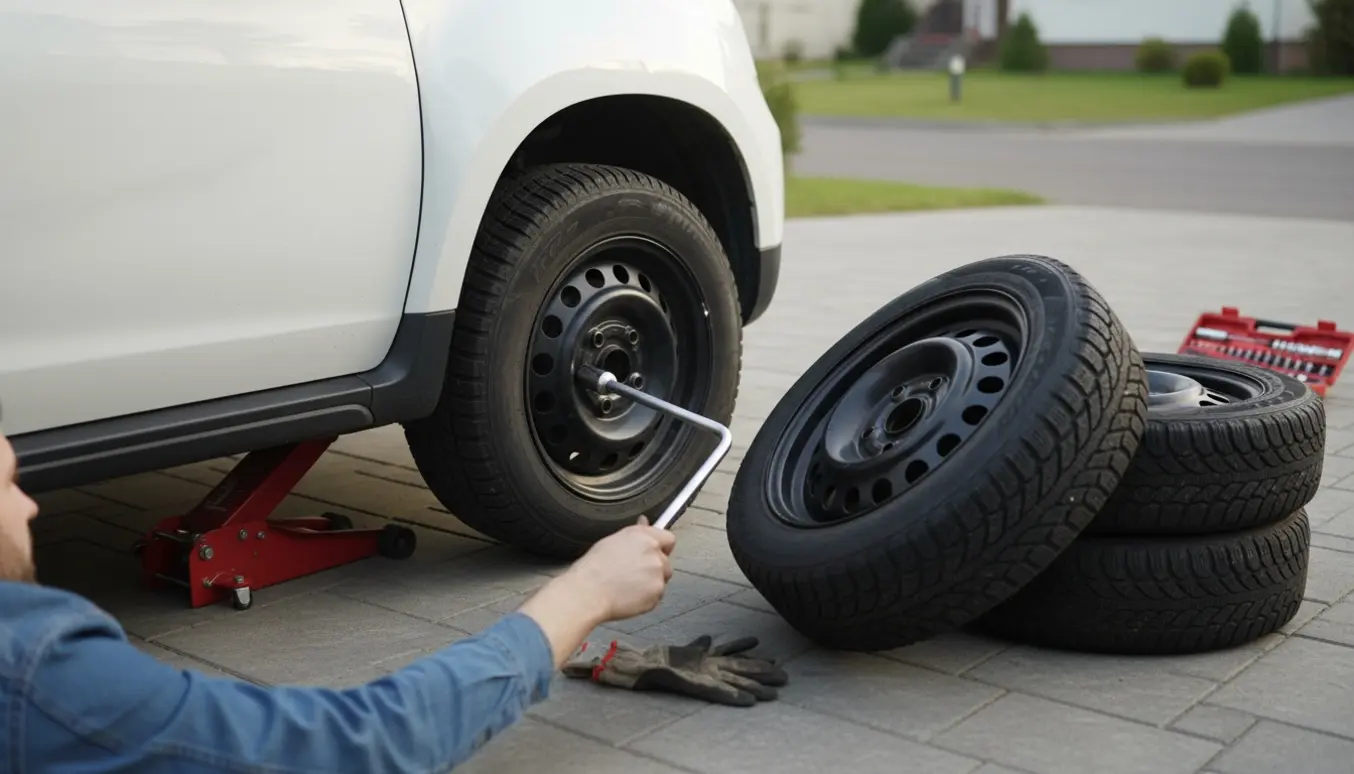 Dacia Duster med et hjul løftet på donkraft, hånd med hjulnøgle og vinterdæk på stålfælge ved siden af.
