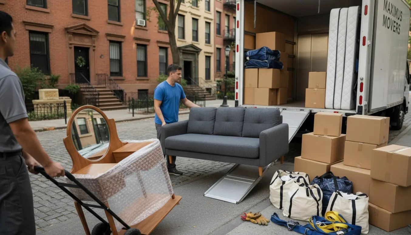 Flyttefolk læsser en madras, sofa og flyttekasser ind i en åben flyttebil uden synlige ansigter.