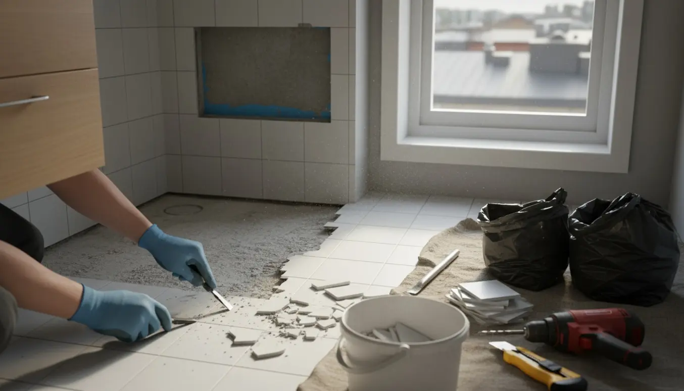 Badeværelse under renovering med fliser fjernet fra gulv og bruseniche, værktøj og bunker af ødelagte fliser.