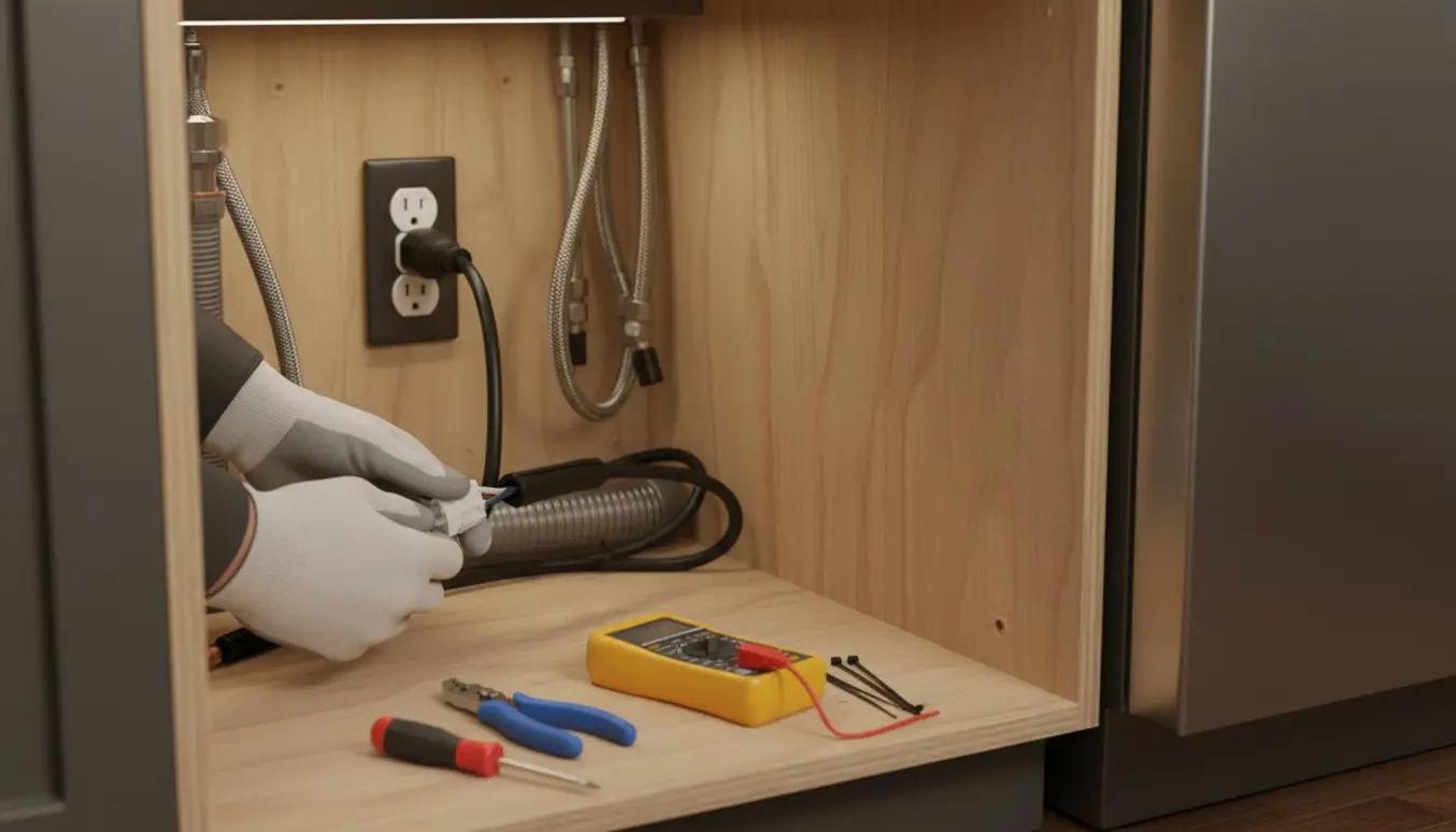 Åben køkkenskab med opvaskemaskinens strømstik, værktøj og hænder i handsker.