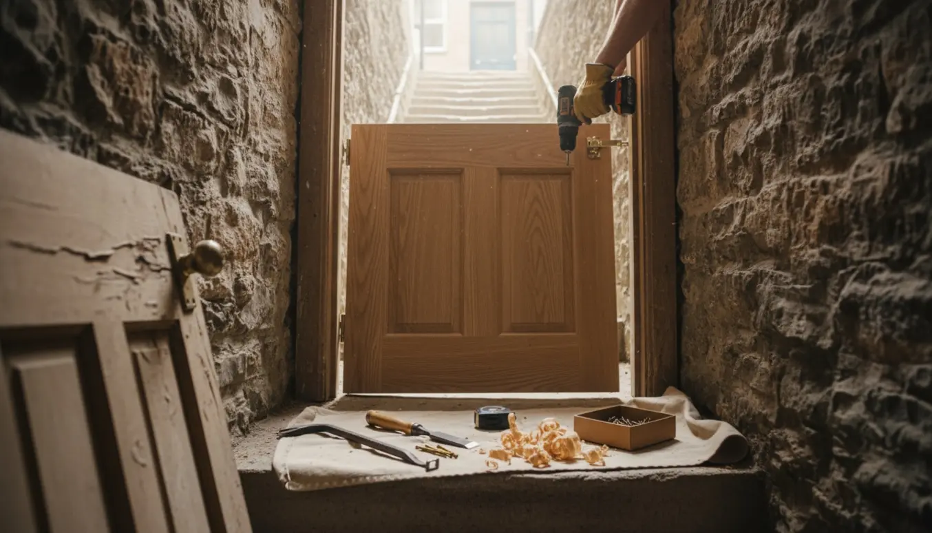Ny træ-kælderdør ved at blive monteret i en kældergang med værktøj og den brækkede dør ved siden af.