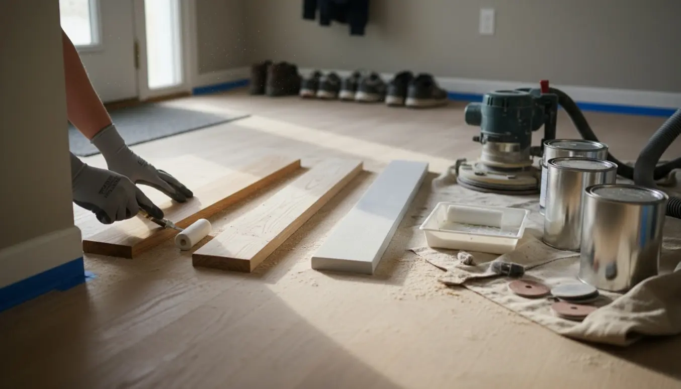 Lille entre med nyslebent trægulv og tre dørtrin under behandling med hvid lud.