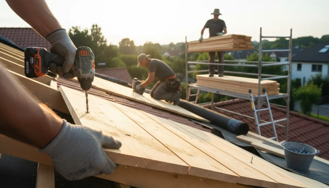 Nærbillede af håndværkere, der lægger tagbrædder på et hus med fokus på hænder og værktøj.