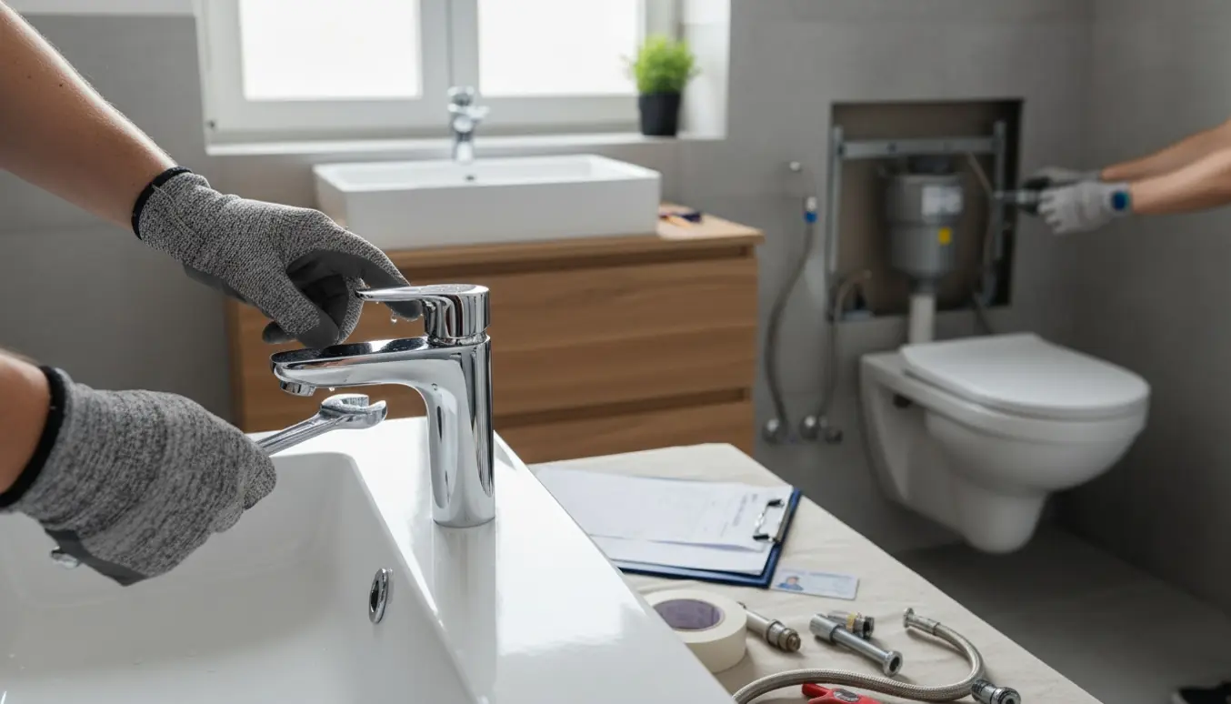 Autoriseret VVS-montør monterer nyt væghængt toilet og skifter armatur i et lyst, moderne badeværelse.