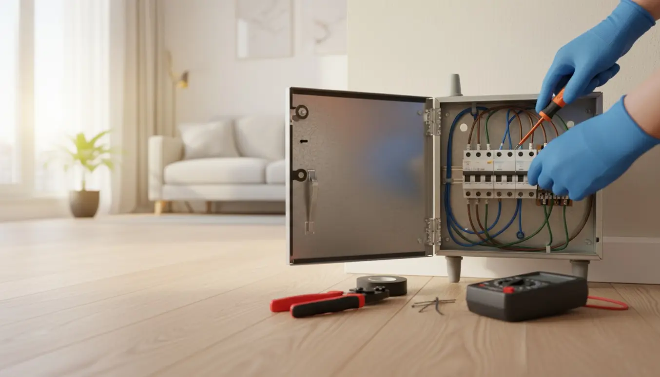 Nærbillede af en elektrikers hænder, der arbejder i en åben eltavle i en lejlighed.