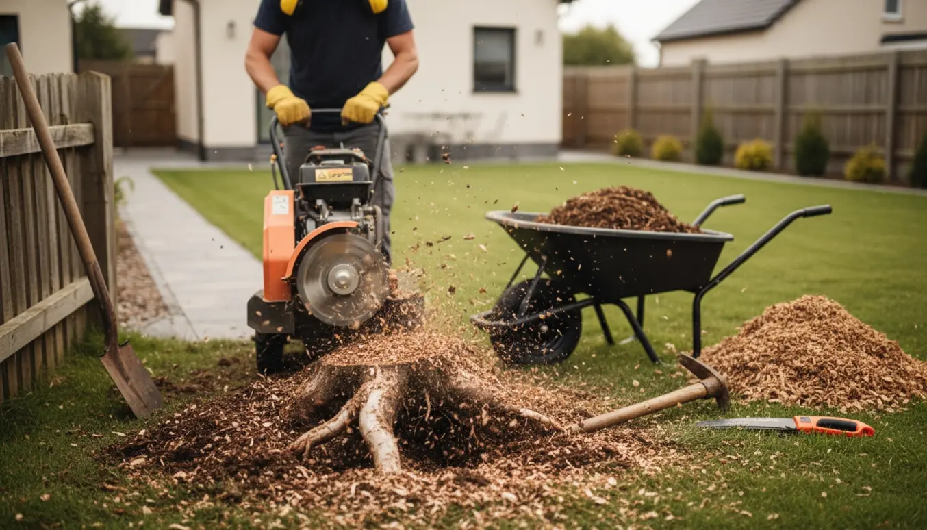En kompakt rodfræser fjerner en buskestub i en lille have med træflis og jord i forgrunden.
