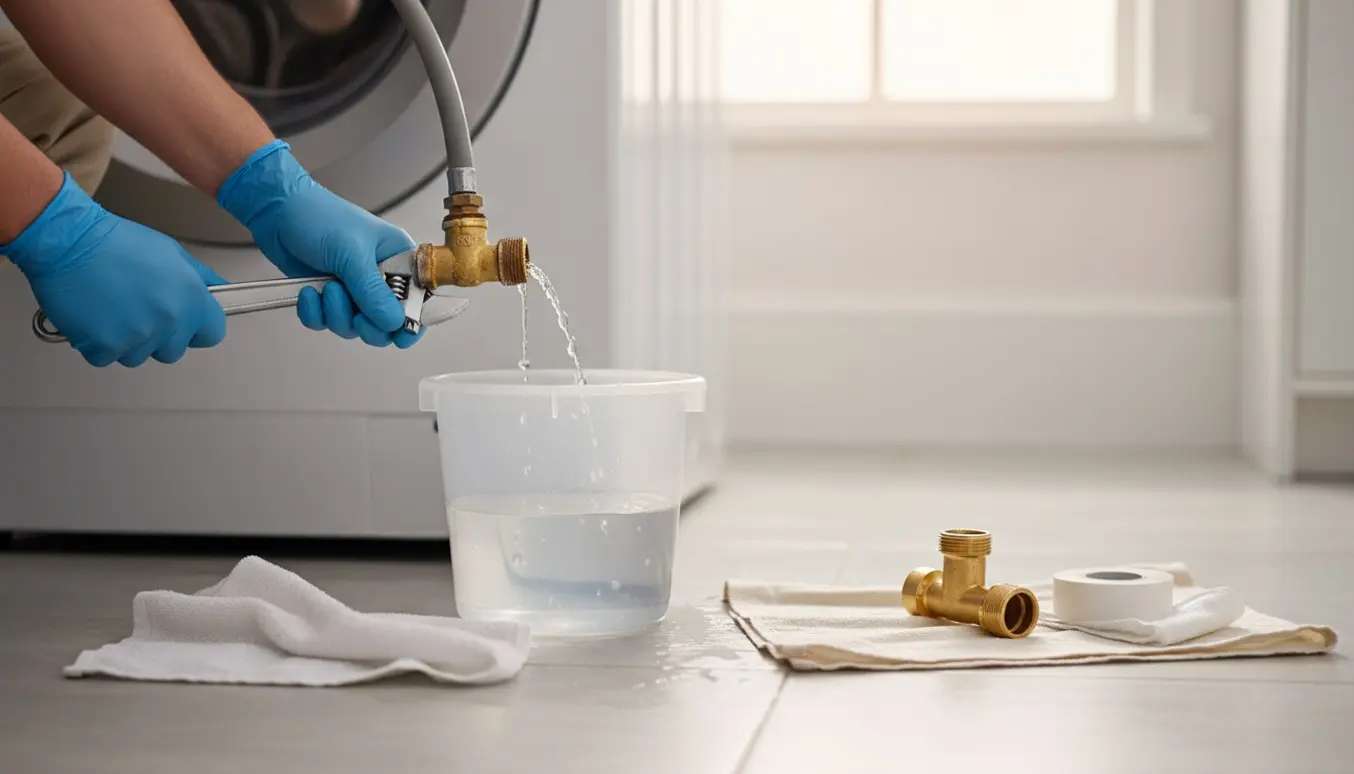 Hænder udskifter en utæt stophane til vaskemaskine med værktøj og spand.